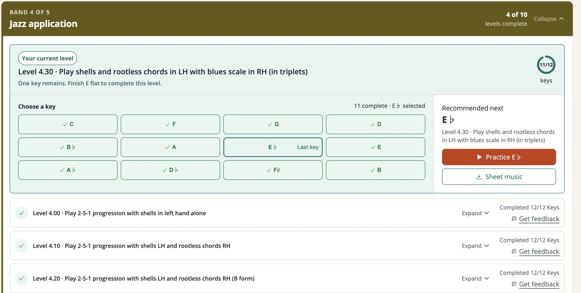 The Jazzedge Practice Curriculum showing a level tracked across all twelve keys, eleven complete with E-flat remaining