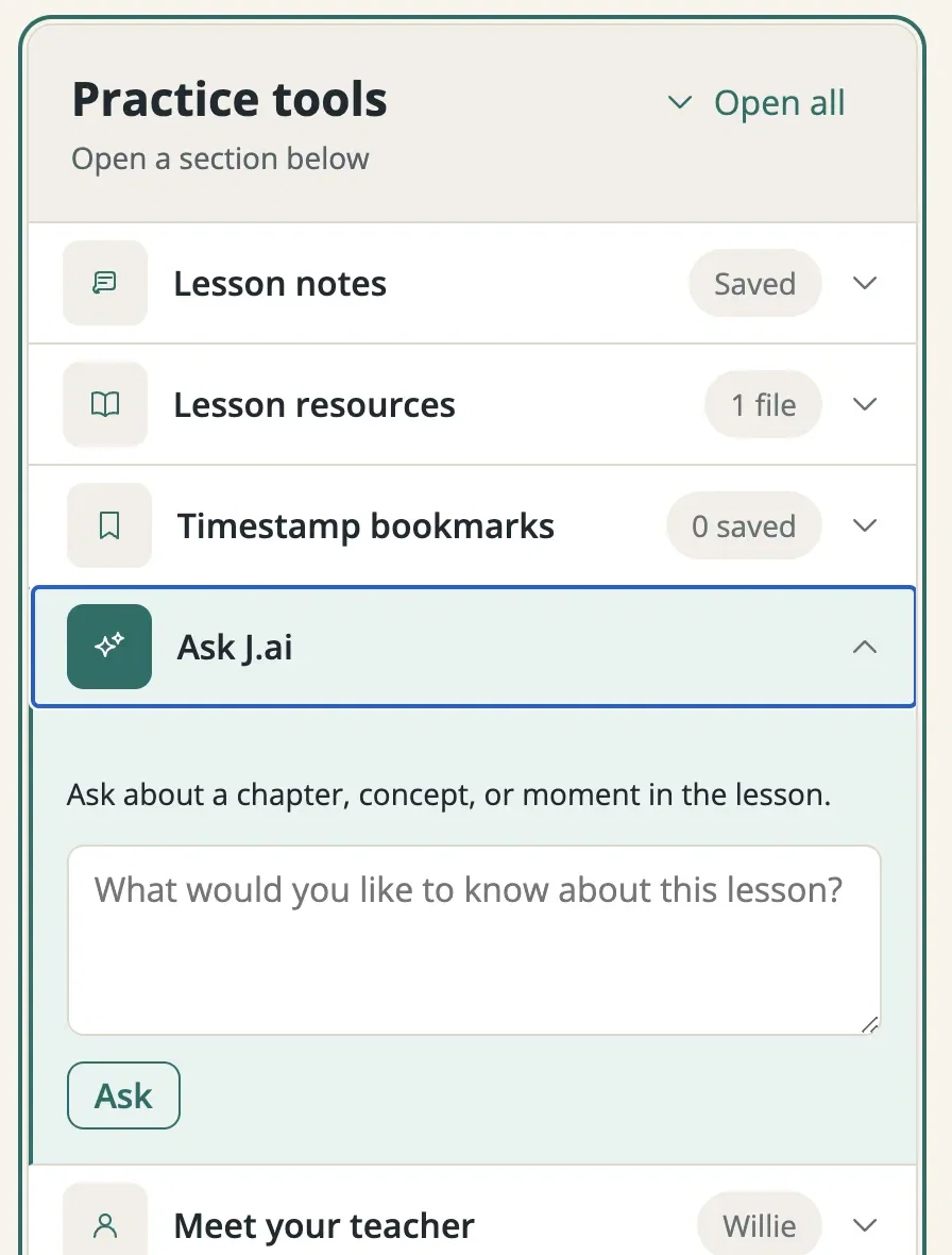 The practice tools panel on a Jazzedge Academy lesson: lesson notes, lesson resources, timestamp bookmarks, Ask J.ai open with a question box, and Meet your teacher